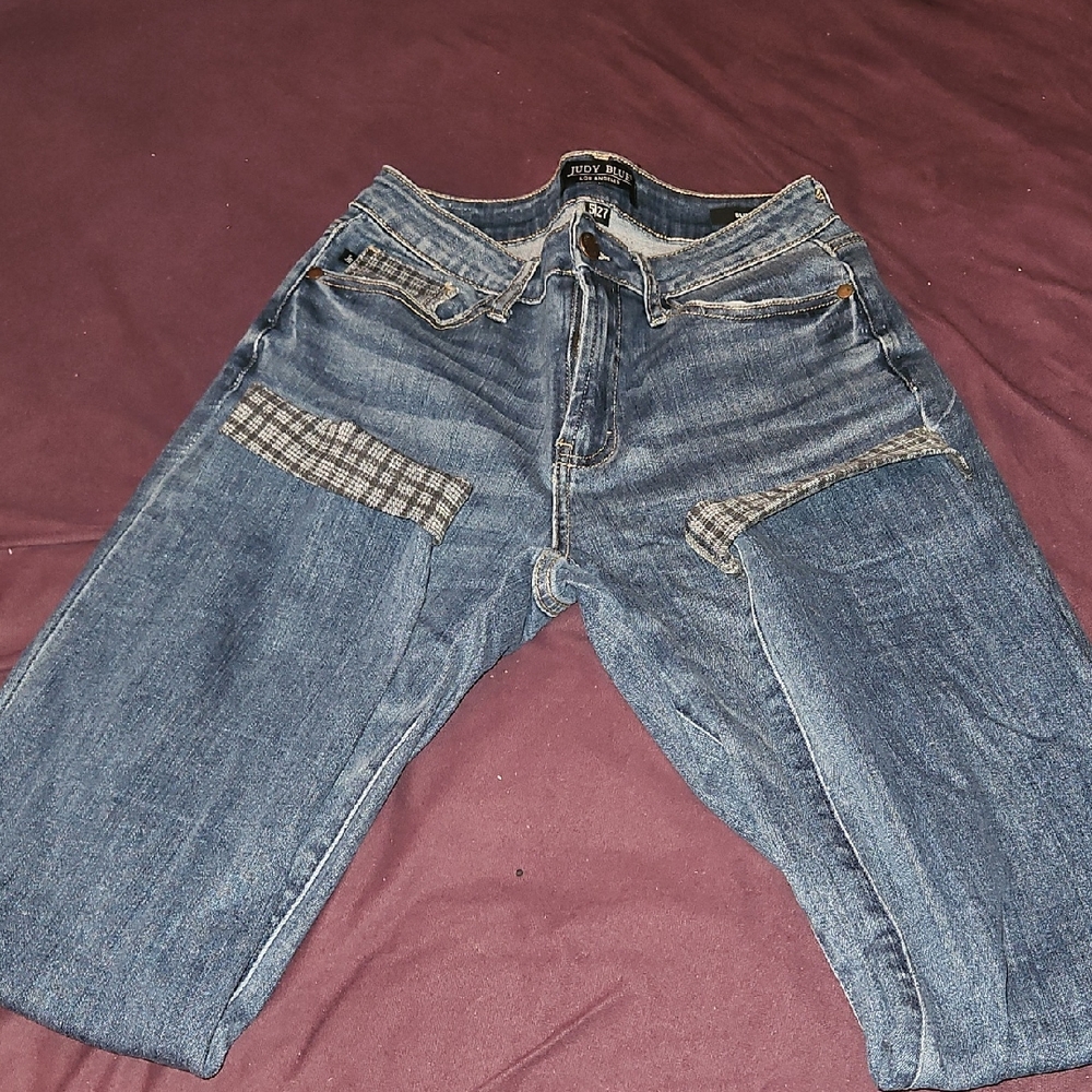 Judy Blue Straight Leg Jeans with Blue and Gray Plaid